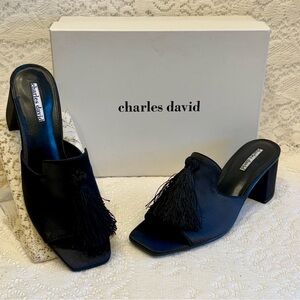 Charles David Chia Black Satin Tassel Mules